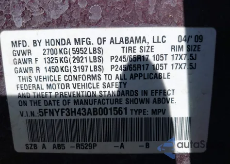 2010 Honda Pilot Ex from USA, damaged, VIN 5FNYF3H43AB001561